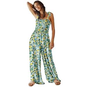 YESNO Women's Casual Overalls Summer Tie Shoulder Smocked Floral Wide Leg Jumpsuits Baggy Rompers with Pockets PZE L