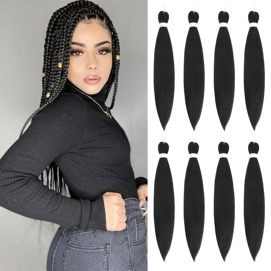 Braiding Hair Pre Stretched 24 Inch 8 Packs Black Braiding Hair for Twist or Box Braids Professional Synthetic Braid Hair Extensions for Crochet Braids Hot Water Setting Soft Yaki Texture (24Inch,1B)