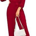 Pretty Garden Jumpsuits for Women Dressy Long Sleeve V Neck Wide Leg Pants Romper Business Casual Outfits Wine M