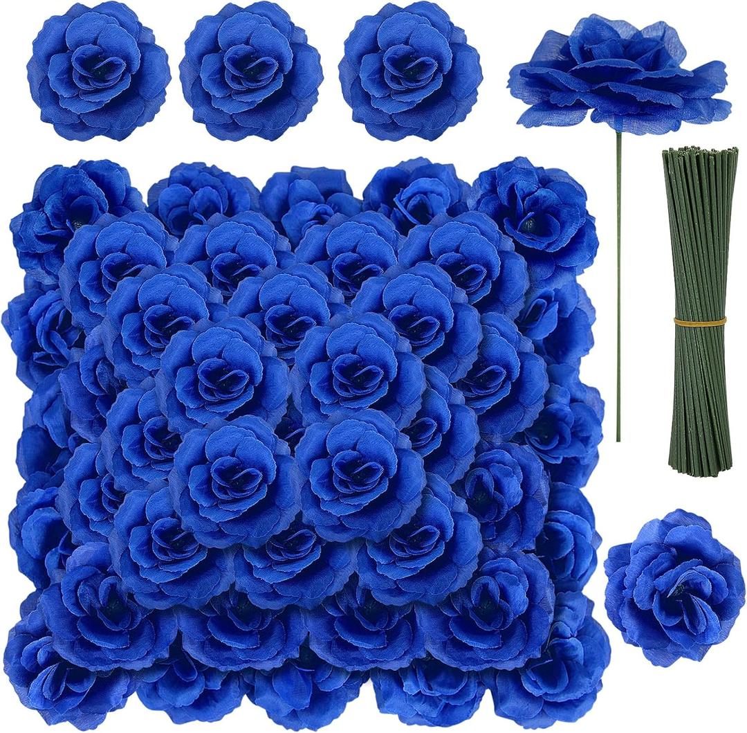 LELEE 108pcs Roses Head Flowers with Stem - Royal Blue Artificial Flowers Rose Bulk - Silk Rose Fake Flower for Wedding Bouquet Party Home Decor DIY Baby Shower Centerpieces Tables Decoration