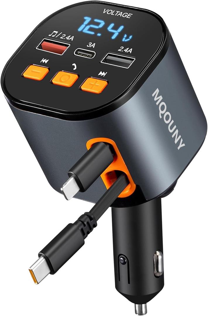 Retractable Car Charger,5 in 1 Fast Cars Phone Charger 90W,Bluetooth 5.3 FM Transmitter Adapter,Handsfree Call,2 Retractable Cables and USB Chargers for iPhone17/16 15/14/13 (Black)