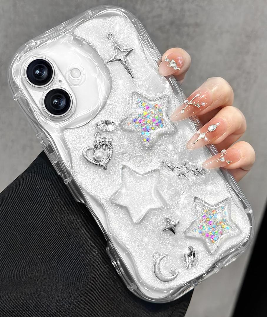 Toycamp for iPhone 16 Plus Case Cute - Women Girly Girls Glitter Phone Cover 16Plus Kawaii Sparkle Bling Shine Aesthetic Pretty Unique Wave Design Funda for Apple 16 Plus, Stars Y2K