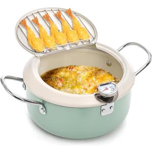 ZOOFOX Deep Fryer Pot with Thermometer, Japanese Frying Pot with Lid and Oil Drain Rack, Non-stick Tempura Fryer Pan for Kitchen French Fries, Chicken, Seafood