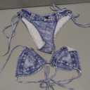 SHENHE Women's 2 Piece Swimsuits Denim Print Halter String Triangle Tie Side Bikini Set (Blue)