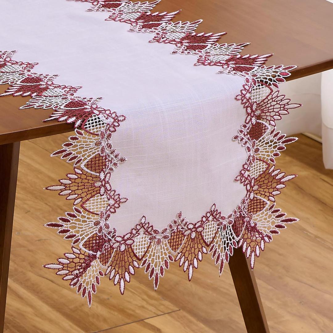 Natural Linen Table Runner 120 inches Neutral Earth Tones Beige Lace Handcrafted Coffee Table Runners Dresser Scarf for Spring Easter Summer Kitchen Wedding Party (16”x120”, Dark Red)