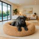 Calming Dog Bed - Fluffy Donut Cuddler for Anxiety Relief, Orthopedic Pet Bed with Non-Slip Bottom, Cozy Round Faux Fur Nest for Dogs and Cats, Plush Crate Mat for Comfort (Camel, Small)