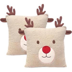 BirdNest Reindeer Christmas Throw Pillow Covers 18x18 inch Set of 2 Christmas Decoration Throw Pillows 3D Embroidery Deer Pillowcases Xmas Decorations for Sofa Couch (Khaki)