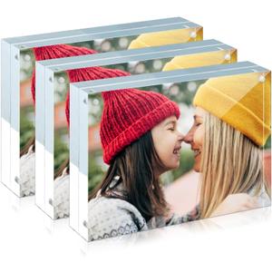 ILYXY 3 Pack Acrylic Frame 4x6, 20% Thicker, 20mm Thick Frameless Clear Picture Frame, Double Sided Magnetic Photo Frame, Free Standing Desktop Display Stand Acrylic Picture Frames