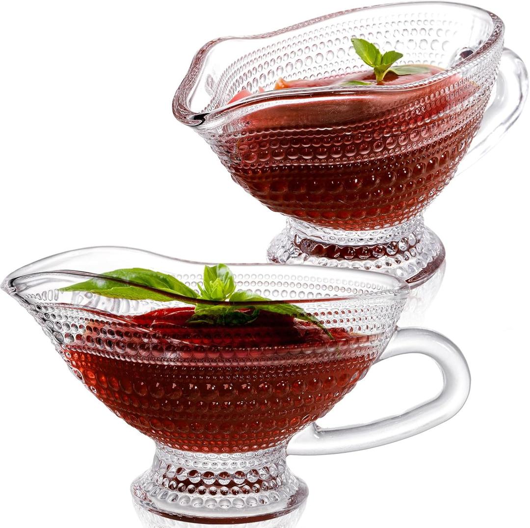 ZOOFOX 2 Pack 12 oz Glass Gravy Boat, Crystal Gravy Bowl with Easy-Pour Spout and Handle, Vintage Embossed Serving Dish for Sauces, Dressings, Creamer, Thanksgiving, Christmas or Holiday Dinner