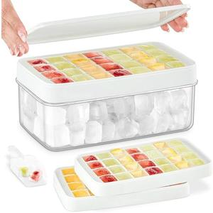 Ice Cube Tray with Lid and Bin, Ice Cube Trays for Freezer with 2 Trays, Easy Release Stackable Square Ice Cube Mold, Ice Tray with Storage Container for Drinks, Whiskey, Coffee, 54 Pcs, White