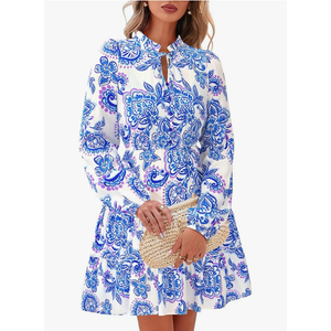 BTFBM Women Fall Dresses 2025 Floral V Neck Long Sleeve Tiered Ruffle Boho Swing Flowy A-Line Mini Dresses Vacation (White Blue Floral)