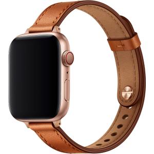 OUHENG Slim Bands Compatible with Apple Watch Band, Women Genuine Leather Replacement Thin Strap for iWatch SE 3/2/1 Brown/Rose Gold, 38mm/40mm/41mm/42mm-series 11 10