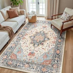 RELEANY Area Rugs 5'x8' Washable Non-Slip, Floral Vintage Distress Print Pattern Medallion Carpet for Living Room Bedroom Dining Room, Beige Navy Blue Orange Colorful