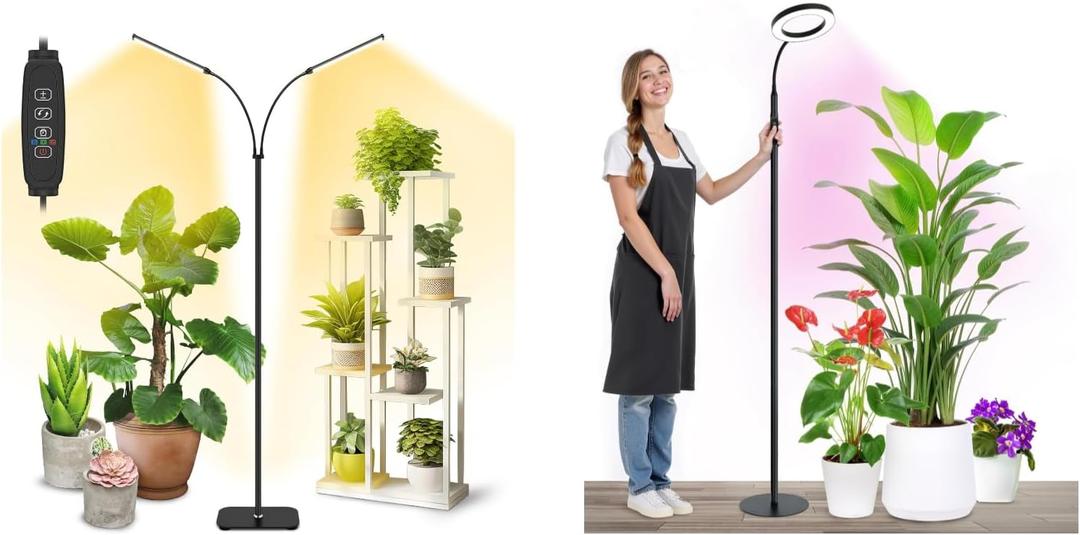 Vsoke Plant Grow Light Dual Head, 40W Indoor Growing Lights,144LEDs Full Spectrum Wide Illumination Area, 63IN Adjustable Height Stand, 10 Dimmable, 3/9/12H Auto Timer, Floor Lamp for Plants Growth