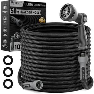 Garden Hose, Flexible Ultra Lightweight Durable, Kink-Free Water Hose with 10 Function Sprayer - Non-Shrinking, Easy to Store, All-Weather, High-Pressure, Black (50 FT)