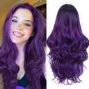 FAVE Ombre Wig - Long Curly Wavy Synthetic Wig with Dark Roots - Heat Resistant - Perfect for Daily Wear, Parties & Cosplay (28, 1B to Purple)