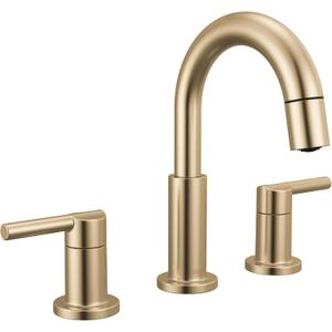 Delta Nicoli Brushed Gold Bathroom Faucet with Sprayer, 8 Inch 3 Hole Widespread with Pull Out Sprayer, Push-Pop Drain, Champagne Bronze 35749LF-CZPD