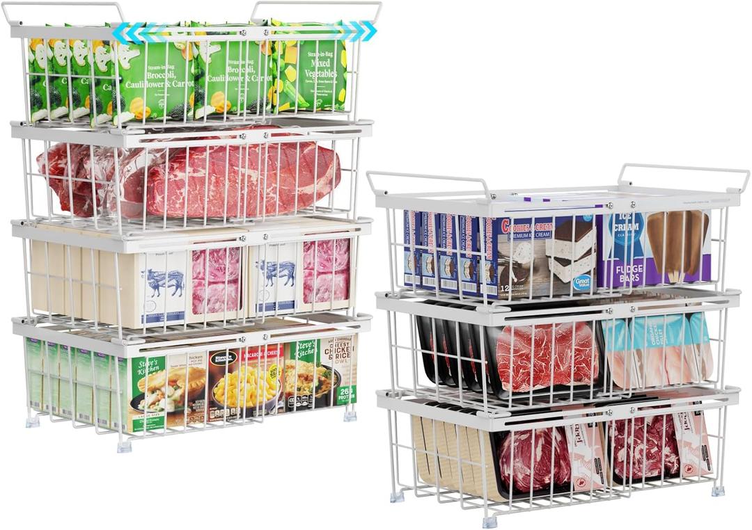 iSPECLE Deep Freezer Organizer Bins - Fit 10 to 20 Cu.FT Chest Freezer, 7 Pack Large Expandable Stackable Freezer Organizer Bins Sort Frozen Food Easy to Get Food from Bottom Better Ventilation, White