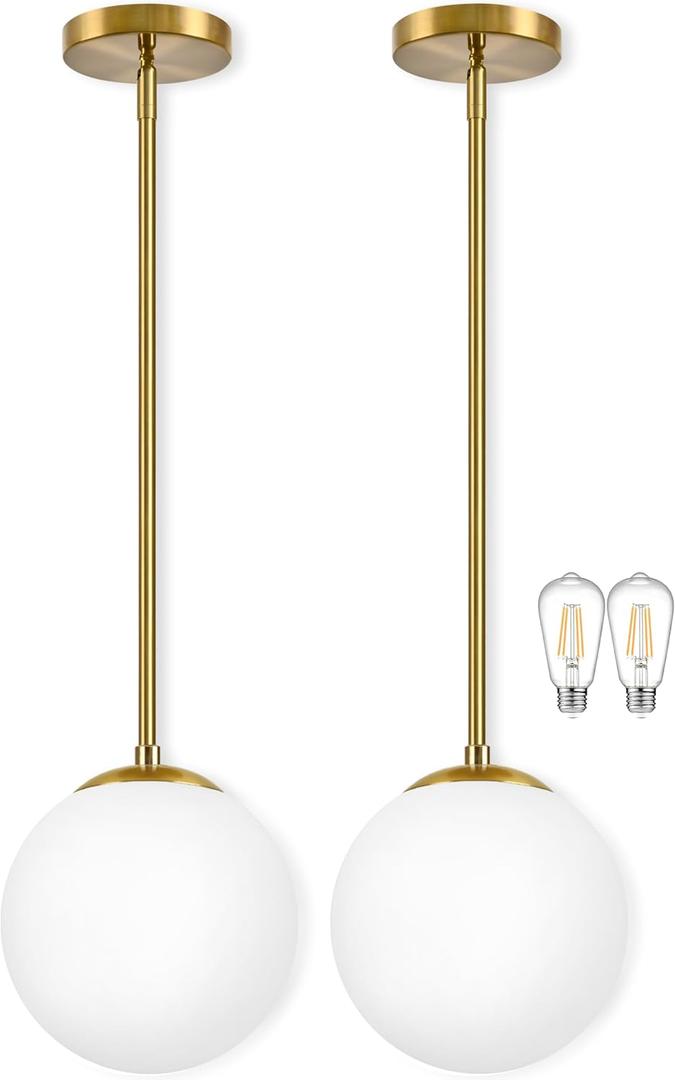 Bagood 10" Globe Pendant Light Gold 2 Pack Mid Century Pendant Light Globe Pendant Lights Kitchen Island Brushed Brass Finished with Milk Glass Adjustable Ceiling Light Fixtures for Dining Room Bar