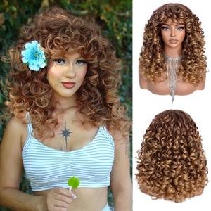 RunM Curly Wig with Bangs for Black Women Long Curly Afro Wig Big Bouncy Fluffy Synthetic Fiber Glueless Hair for Cosplay and Daily 17 Inch（Ombre Blonde）