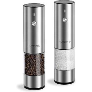 Electric Salt and Pepper Grinder Set, USB Rechargeable, Stainless Steel Automatic Salt and Pepper Mill Grinder with Adjustable Coarseness, Electric Salt Shakers, LED Light, Refillable (2 Packs)