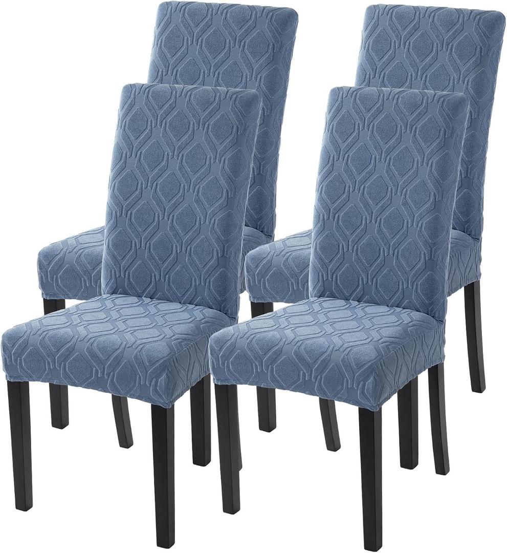 SearchI Dining Room Chair Covers Set of 4, Stretch Jacquard Parsons Chair Slipcovers Spandex Removable Washable Kitchen Chair Protector Cover for Dining Room, Hotel, Ceremony (Gray-Blue Geometric)
