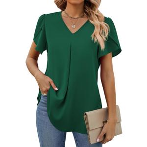Funlingo Women's Summer Tops Short Sleeve Dressy Chiffon Blouses V Neck Work Tunic Tops Casual Loose T-Shirts (Dark Green)