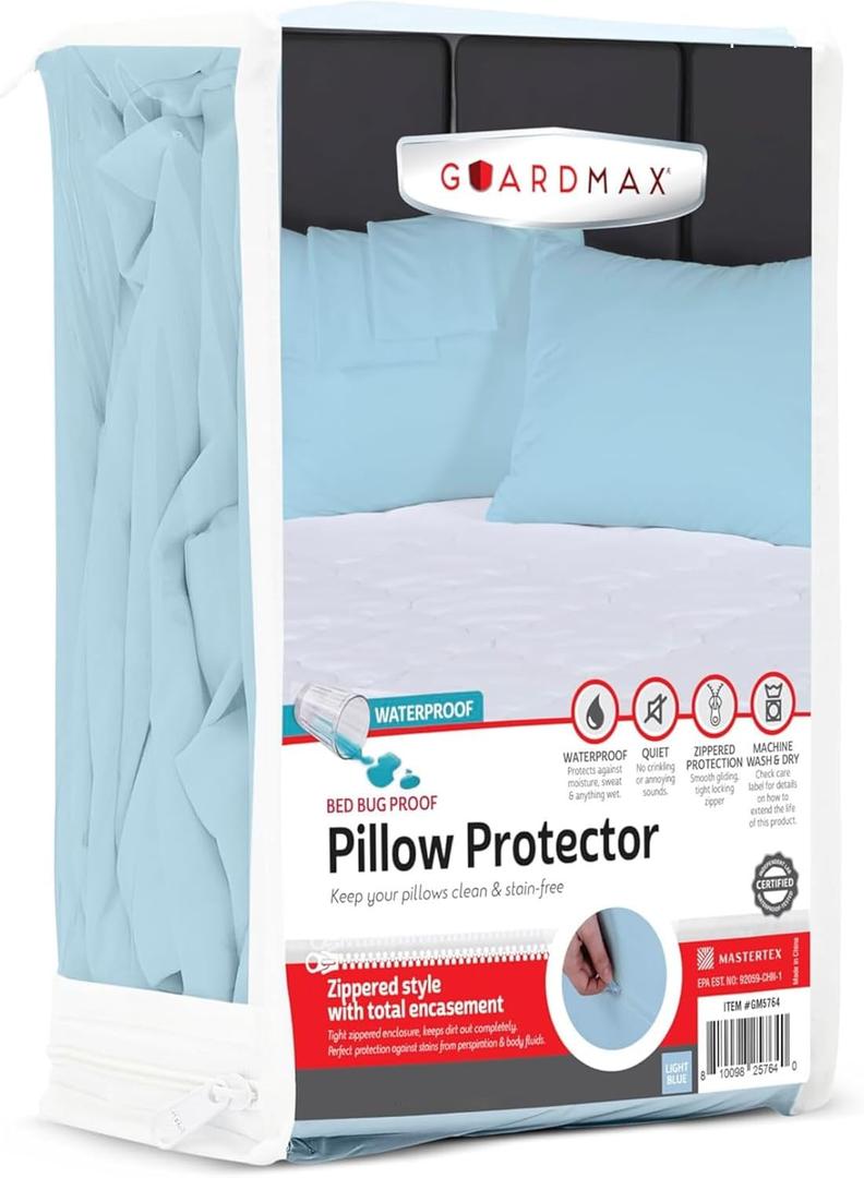 Guardmax Waterproof Pillow Protector Light Blue Queen Size - Zippered Bed Bug Pillow Protector 6 Pack - Hypoallergenic Pillow Case Cover Protects from Bedbug, Dust Mite, and Liquid Spills - (20 X 30)