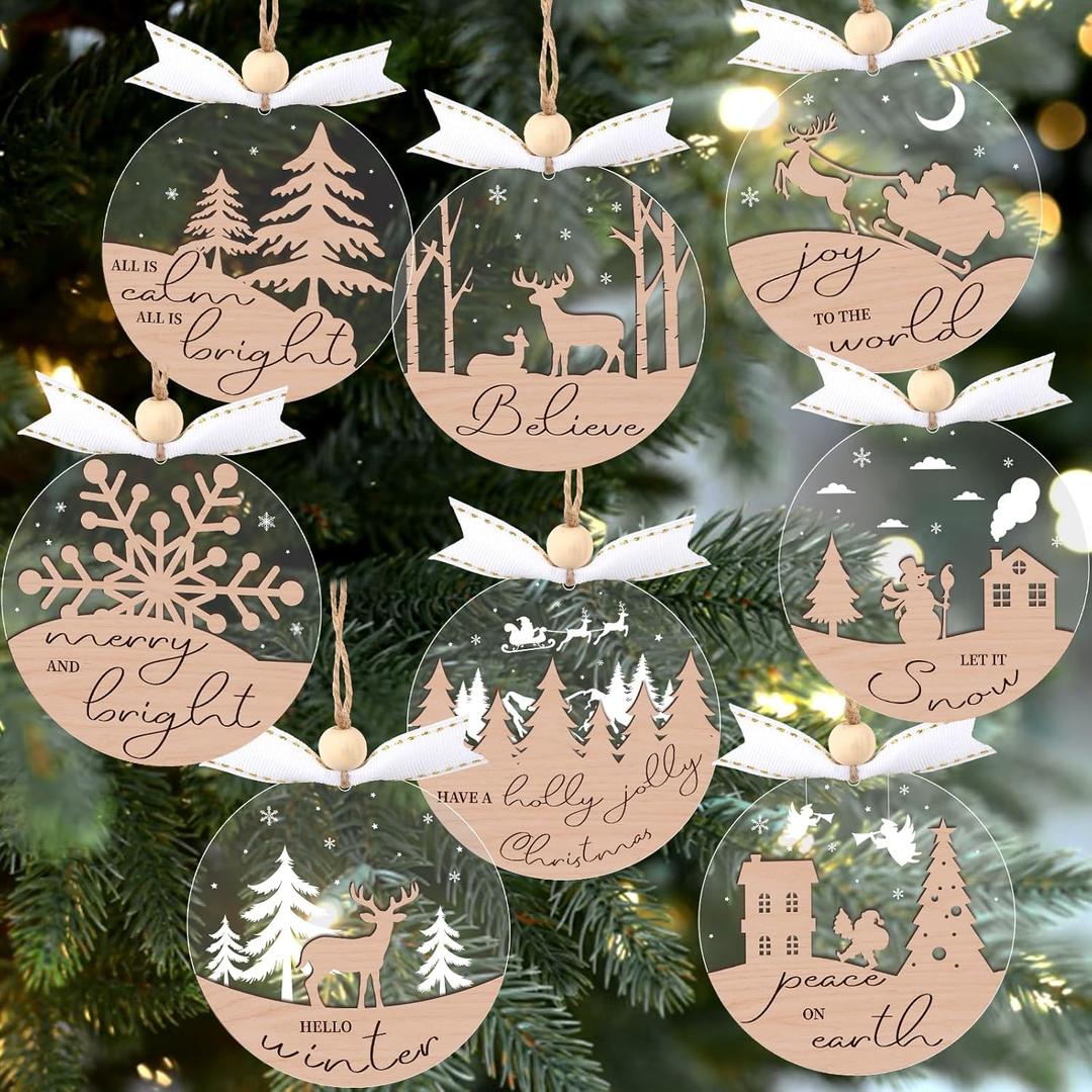 GuassLee 28pcs Winter Christmas Hanging Ornaments for Tree - 3D Wooden Acrylic Christmas Cutouts Reindeer Snowman Snowflake Ornaments for Xmas Tree Gifts Winter Party Supplies (Khaki)