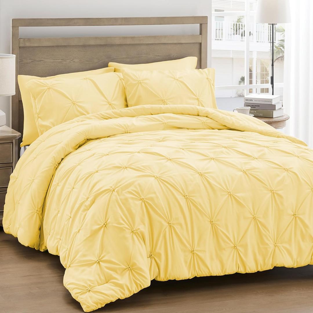UNIKOME King Size Comforter Set Yellow - Ultra Soft Boho Pintuck Down Alternative Bedding Set for All Seasons, 3 Pieces Lightweight Warm Pinch Pleat Bed Set with Comforter, 2 Pillowcases