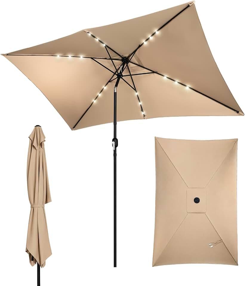 Bonnlo Patio Umbrella with Lights, 9FT Round / 10x6.5FT Rectangular Sun Umbrella with Tilt and Crank, Heavy Duty 6 Iron Ribs & Pole, Waterproof UV Protection