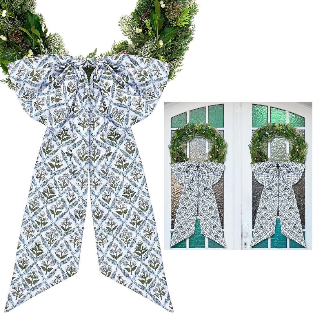 HunnmingRe 2 Pcs Blue Block Print Bow Wreath Sash 24 x 16 Inch Christmas Wreath Sash for Front Door Holiday Floral Burlap Bow Accessories for Doorway Indoor Outdoor Garland Home (Blue)