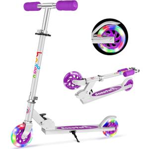 BELEEV V1 Scooters for Kids, 2 Wheel Folding Kick Scooter for Girls Boys, 3 Adjustable Height, Light Up Wheels, Lightweight Scooter with Sturdy Frame, Kickstand for Children 3 to 12 Years Old (Purple)
