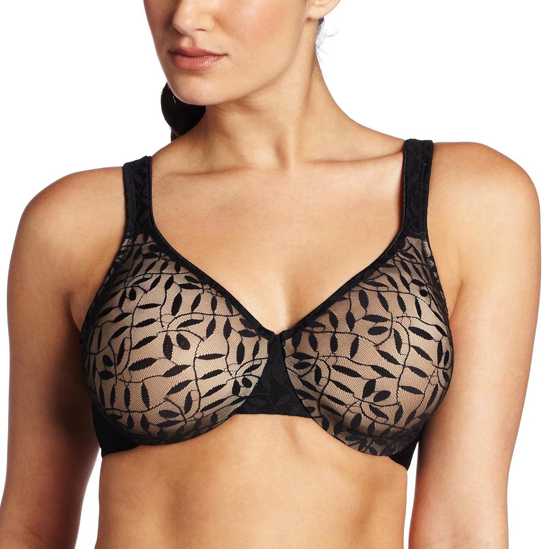 Olga Women's Sheer Leaves Minimizer Bra (42DD, Black and French Toast)
