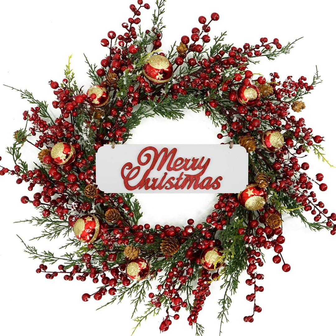 20 inch Christmas Wreaths for Front Door Winter Door Wreath with red Berry,Gold and red Christmas Ball for Front Door Indoor Outdoor Farmhouse Festival Home Decor