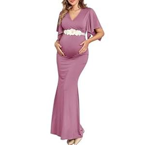 AISWI Maxi Maternity Dress with Flower Sash Semi Formal Baby Shower Wedding Guest V-Neck Handkerchief Sleeves Elegant, Light Plum, Medium