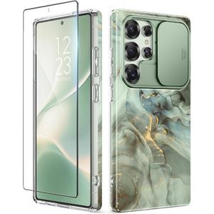 GVIEWIN for Samsung Galaxy S25 Ultra Case with Slide Camera Cover, [Screen Protector] [Shockproof Military Grade Drop Protection] Marble Slim Fit Hard PC Phone Cover S25 Ultra 6.9" 2025 (Desert Dream)