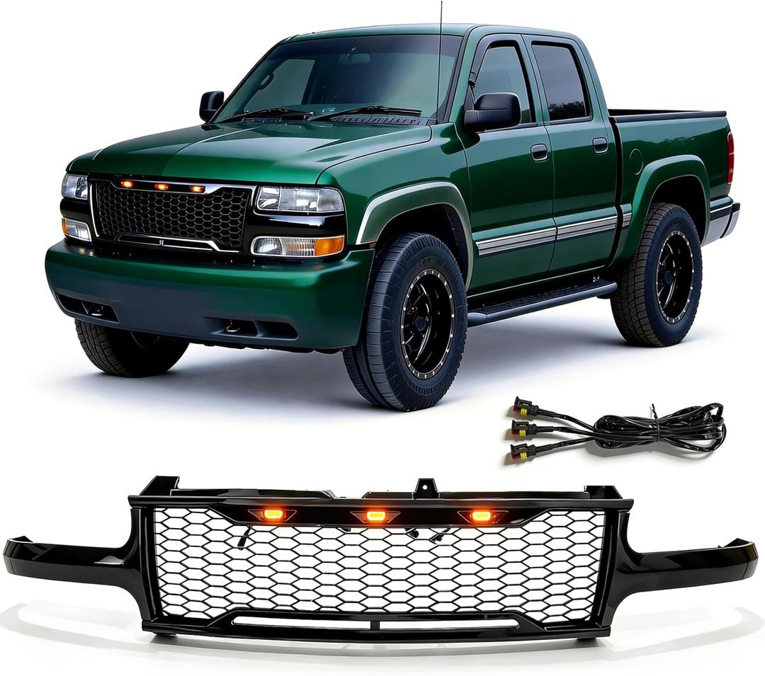 Front Grille Grill Compatible With 1999 2000 2001 2002 Chevy Silverado 1500 Glossy Black Mesh Grille w/LED Lamps Pickup Truck Insert Grills Front Hood Bumper
