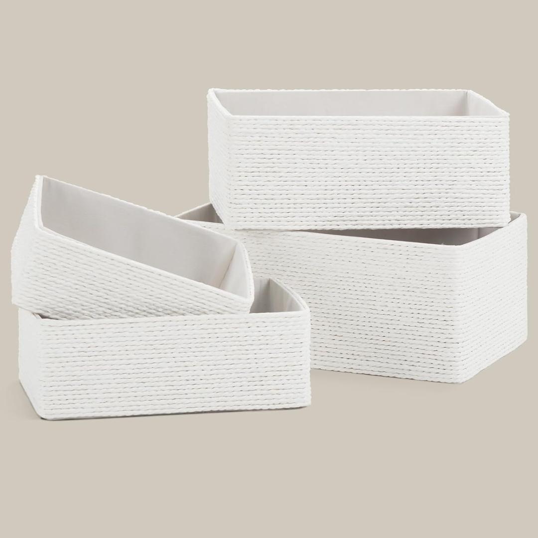 PROLAND Recycled Wicker Storage Basket, Paper Rope Storage Baskets for Organizing Container Bins for Shelves Cupboards Drawer, Small Woven Basket Set of 4 (Middle, Milky)