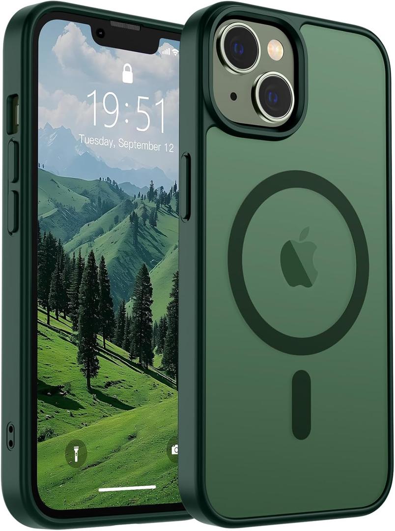 SUPFINE Magnetic for iPhone 14 Case & iPhone 13 Case (Compatible with MagSafe)(Military Grade Drop Protection) Slim Translucent Matte Shockproof Phone Cover,Forest Green