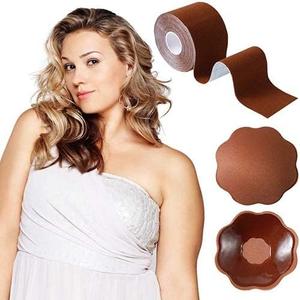 Okela XL Breast Lift Tape for Large Breasts, Breathable Boob Tape for Breast Lift, Athletic Tape Body Tape with Reusable Nipplecover Adhesive Bra Brown