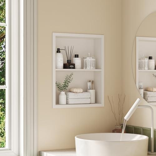 Qeke 14x18 Medicine Cabinet Recessed, Medicine Cabinet Without Mirror, 304 Stainless Steel Medicine Wall Niche with Double Shelves, Matte White