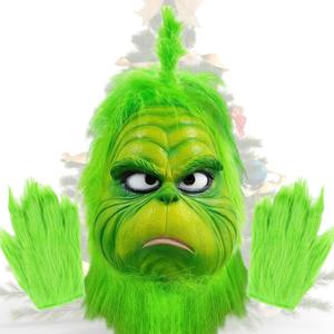 Green Monster Mask Christmas Tree Topper Decorations Office Christmas Party Decorations Cosplay Accessories Halloween Mask Costumes for Women Men with Glove