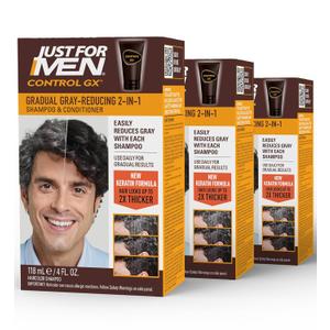 Just for Men Control GX Grey Reducing 2-in-1 Shampoo and Conditioner, Gradual Hair Color with Keratin for Stronger Thicker and Healthier Looking Hair, 4 Fl Oz - Pack of 3 