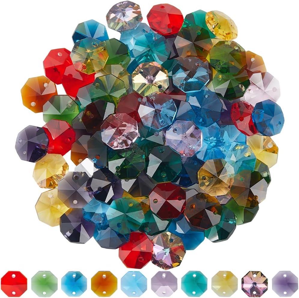 1 Box 120Pcs 10 Colors 14mm Crystal Glass Octagon Beads Colorful Suncatcher Beads Bulk 2 Hole Prism Chandelier Replacement Connector Faceted Spacers for DIY Lamp Hanging Pendant Jewelry Craft