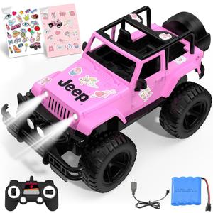 DOUBLE E Jeep Licensed 1:14 Scale Pink Remote Control Car for Girls with 2*DIY Stickers, Open-top Design RC Jeep, 80Min Play 2.4Ghz Off Road RC Trucks with LED Lights, Birthday/Xmas Gifts for Girls 6+