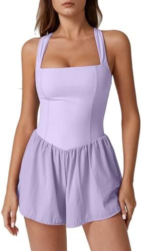 QINSEN Women's Square Neck Sleeveless Romper Jumpsuit Casual Summer One Piece Outfit with Pocket, Medium