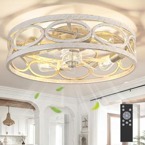 G-SAFAVA 20" Ceiling Fans with Lights and Remote, 6 Wind Speeds 3 Timing Quiet Flush Mount Low Profile Caged Ceiling Fan for Bedroom Living Room Kitchen, Farmhouse Small Reversible Ceiling Fan, White