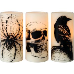 Eldnacele Halloween Flickering Candles with Skull, Spider Web, Crow Raven Decals Set of 3, Battery Operated Halloween Themed LED Candles Horror Spooky Decoration (A-Skull)