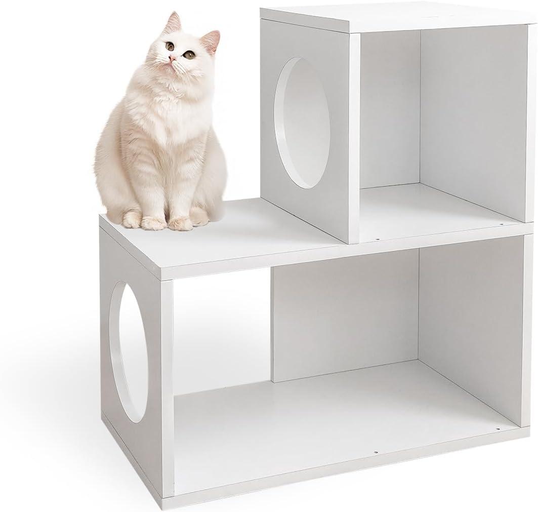 Cat Stairs Shelf 2 Steps, cat Tree Climbing Shelf, Window Perch & Storage Solution, Stair Platform for Indoor Adult Cats, Made from Safe Sturdy Material, Versatile Ladder Direction, White